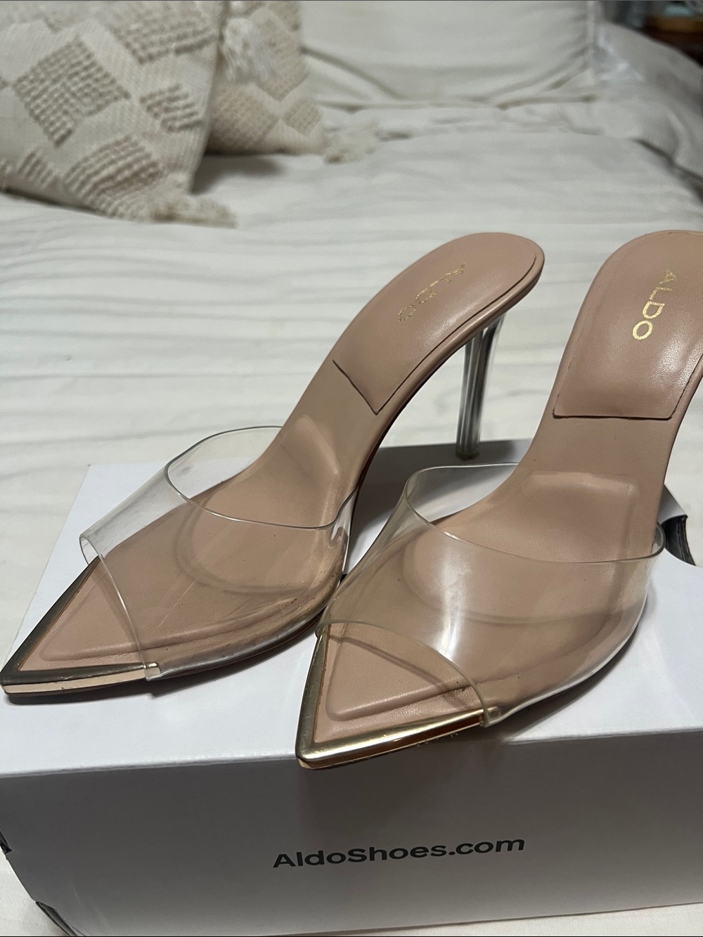 ALDO Nude Clear PVC Pointed Toe Mules with Gold Trim